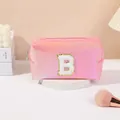 Pink holographic laser makeup bag with large chenille letter B patch and silver zipper - Letter B Style / 19.5cmx8.5cmx11cm / Hot Pink