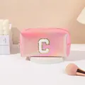 Pink holographic laser makeup bag with embroidered letter C for travel storage - Letter C Style / 19.5cmx8.5cmx11cm / Hot Pink