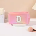 Holographic pink PU makeup bag with white towel embroidered letter D and gold trim - Letter D Style / 19.5cmx8.5cmx11cm / Hot Pink
