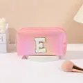 Pink holographic PU makeup bag with chenille letter E patch and top zipper closure - Letter E Style / 19.5cmx8.5cmx11cm / Hot Pink
