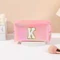 Pink laser iridescent PU makeup bag featuring a white towel embroidered K letter - Letter K Style / 19.5cmx8.5cmx11cm / Hot Pink