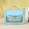 Hellblaue tragbare Kulturtasche mit halbtransparentem Paneel und weißem Aufdruck - 22cmx14cmx14cm / Blau