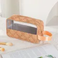 Beige PU leather makeup bag with embossed floral patterns and a clear window - Rose Pink (X-201-1)