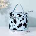 Light blue cow print cosmetic bag with large capacity and portable handle design - Portable High Bucket Style