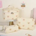 Lot de 3 trousses de maquillage matelassées crème avec imprimé ours mignon et zip en métal - Beige/ours