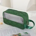 Green PU leather makeup bag with floral print and transparent window for travel - Dark Green (X-201-1)