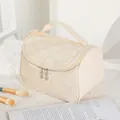 Cream floral embossed PU leather large makeup bag with dual zippers and handle - Cream White (X-804)