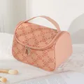 Pink floral PU leather makeup bag with large capacity and double zipper handle design - Rose Pink (X-804)