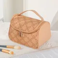 Floral apricot pink PU leather makeup bag with wide handle and dual metal zippers - Khaki (X-804)