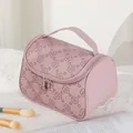 Light pink PU leather makeup bag with brown floral patterns and double zippers - Lilac (X-804)