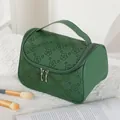 Dark green embossed PU leather makeup bag with floral patterns and top handle - Dark Green (X-804)