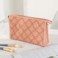 Pink floral PU leather makeup bag with portable wristlet strap and zipper closure - Rose Pink (X-152)