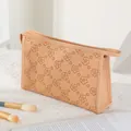 Peach beige vintage PU leather makeup bag with embossed floral pattern and handle - Khaki (X-152)