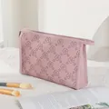 Pink PU leather makeup bag with floral embossing and convenient top handle - Lilac (X-152)