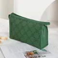 Retro green floral PU leather makeup bag with top handle and secure zipper closure - Dark Green (X-152)