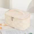 Creamy white floral embossed large capacity cosmetic bag with dual zipper and handle - Cream White (X-158-3)