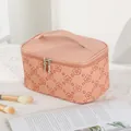 Pink PU leather makeup bag with orange flower print and large handle for travel storage - Rose Pink (X-158-3)