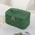 Dark green PU leather makeup bag with floral print and convenient carrying handle - Dark Green (X-158-3)