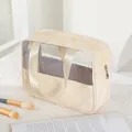 Cream floral PU leather vanity bag with champagne gold handles and clear PVC detail - Cream White (X-210-1)