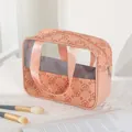Pink orange floral PU leather makeup bag with transparent window and handles - Rose Pink (X-210-1)