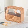 Warm apricot PU travel makeup bag with floral print and transparent PVC window - Khaki (X-210-1)