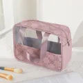 Pink floral PU leather makeup bag with transparent window and sturdy top handles - Lilac (X-210-1)