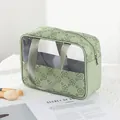 Light green floral PU leather makeup bag with transparent window and zipper closure - Milk Green (X-210-1)