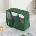 Dark green floral PU leather makeup bag with clear window and ribbon handles - Dark Green (X-210-1)