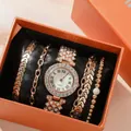 Luxe roségouden dameshorloge set met kristallen lunette en vier modieuze armbanden - Roségoud Horloge En Armband Met Doos