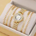Luxe gouden dameshorloge set met strass bezel en vier bijpassende modieuze armbanden - Goud En Armband Met Oranje Doos