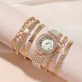 Luxury rose gold women's watch set with rhinestone bezel and four matching bracelets - Rose Gold Watch And Bracelets