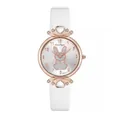 Women's quartz watch with rabbit dial, rose gold heart crystal case, and white strap - White
