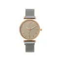 Mode Damen Quarzuhr mit Roségold Gehäuse, Blattmuster Zifferblatt und Magnet Armband aus Mesh - Grau