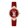 Red leather strap watch featuring a crystal bunny dial and rose gold metal casing - Red