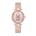 Quartz horloge met roze lederen band, roségouden kast en glanzend konijnenmotief op de wijzerplaat - Roze