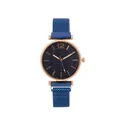 Damen-Quarzuhr mit blauem Milanaise-Armband und roségoldenem Zifferblatt mit Blattmuster - Blau