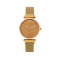 Detail of rose gold mesh watch band with magnetic closure and embossed dial - Gold