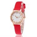 Elegant ladies quartz watch with red leather strap and rhinestone rose gold star bezel - Red