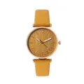Women's quartz watch with mustard yellow leather strap and rose gold leaf pattern dial - Yellow