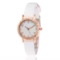 Fashion women's quartz watch with rose gold rhinestone star case and white leather strap - White