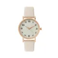 Macro view of rose gold quartz watch with cream dial and litchi texture leather strap - Off White