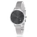 Minimalist silver mesh quartz watch with deep grey geometric dial and star detail - Black