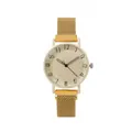 Detail van de gouden Milanese horlogeband en beige wijzerplaat met zwarte cijfers - Goud