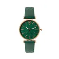 Green leather strap quartz watch for women with rose gold case and leaf pattern dial - Green