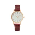 Women's quartz watch with rose gold case, white textured dial and burgundy mesh strap - Red