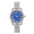 Women's silver iced-out watch set with blue dial, roman numerals and full diamond strap - Silver Case Blue