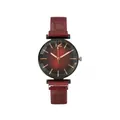 Detail of red gradient watch dial with faceted glass and magnetic mesh band strap - Burgundy