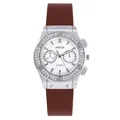 Reloj unisex plateado con bisel de diamantes y correa de silicona marrón en fondo blanco - Correa Marrón Esfera Blanca