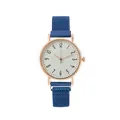 Detail of rose gold case and blue Milanese mesh strap on a minimalist quartz watch - Blue