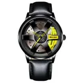 Men's fashion racing watch with black 5-spoke wheel rim dial and yellow brake caliper - Leather Yellow